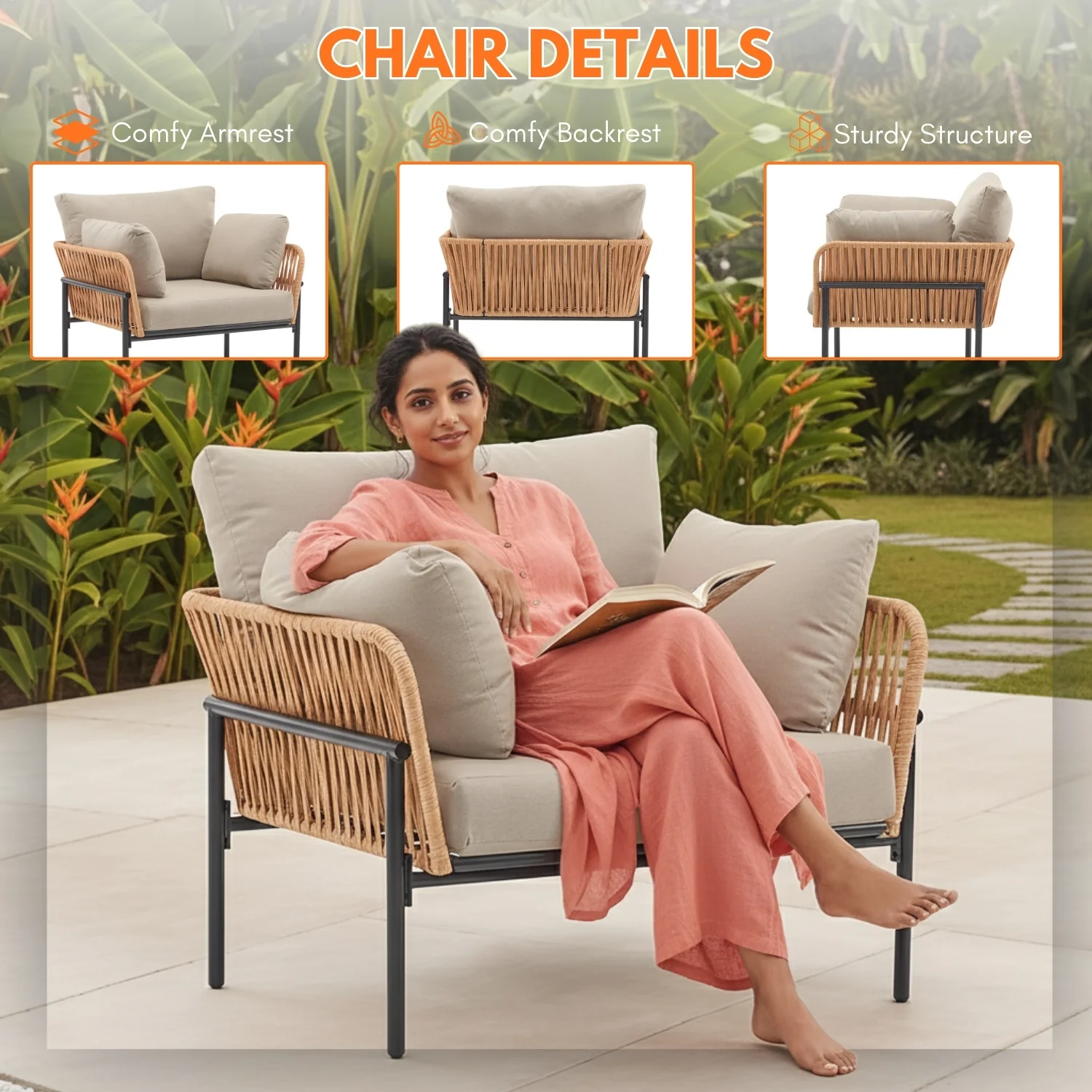 Outdoor Rope 2-Piece Single Seater Sofa (Beige & Cream) - Image 5