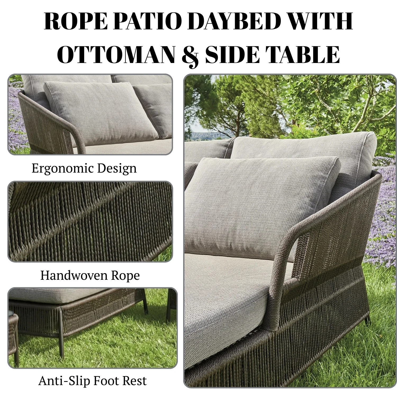Outdoor Rope 2 Seater Patio Daybed With Side Table & Ottoman - Image 5