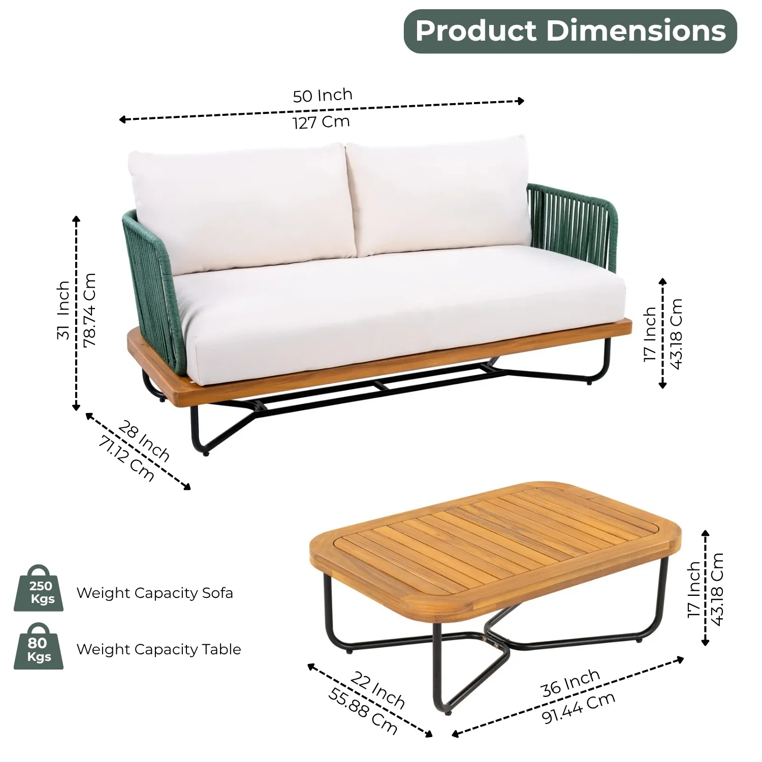 Outdoor Rope 2-Seater Sofa Set with Wooden Base & Slatted Wooden Coffee Table - Image 2