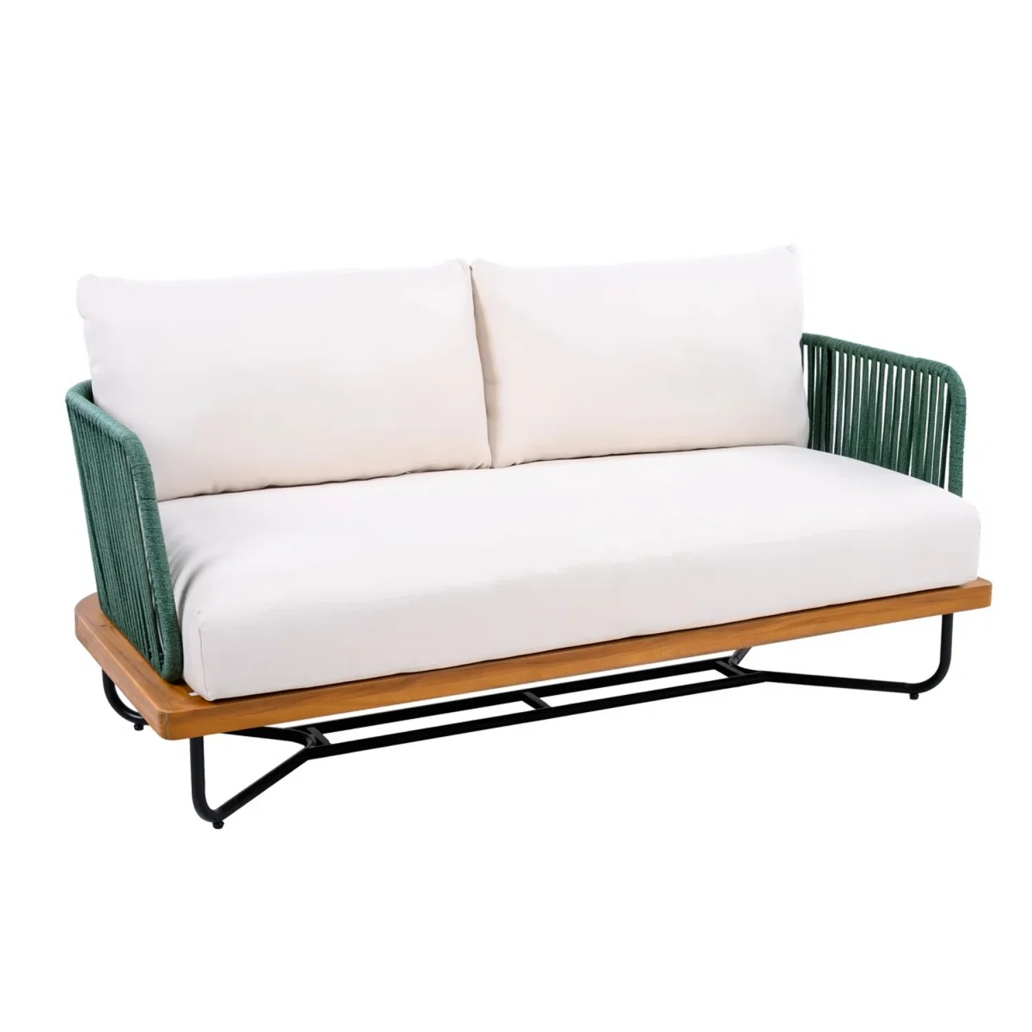 Outdoor Rope 2-Seater Sofa Set with Wooden Base & Slatted Wooden Coffee Table - Image 6
