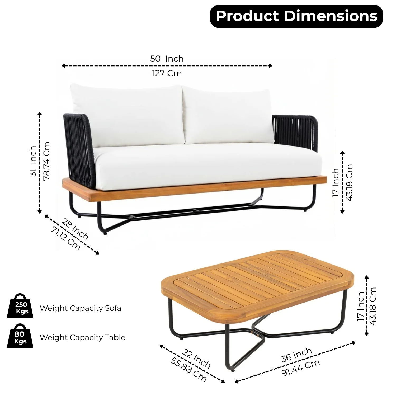 Outdoor Rope 2-Seater Sofa Set with Wooden Base & Slatted Wooden Coffee Table - Image 2