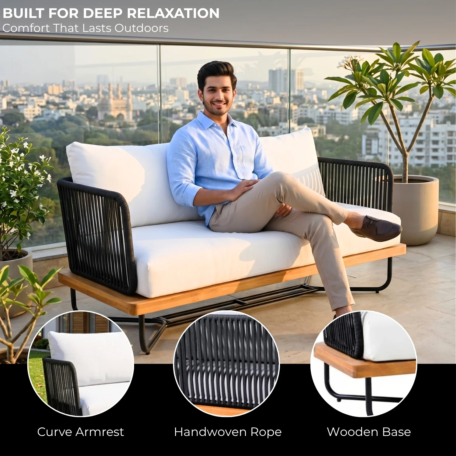 Outdoor Rope 2-Seater Sofa Set with Wooden Base & Slatted Wooden Coffee Table - Image 3