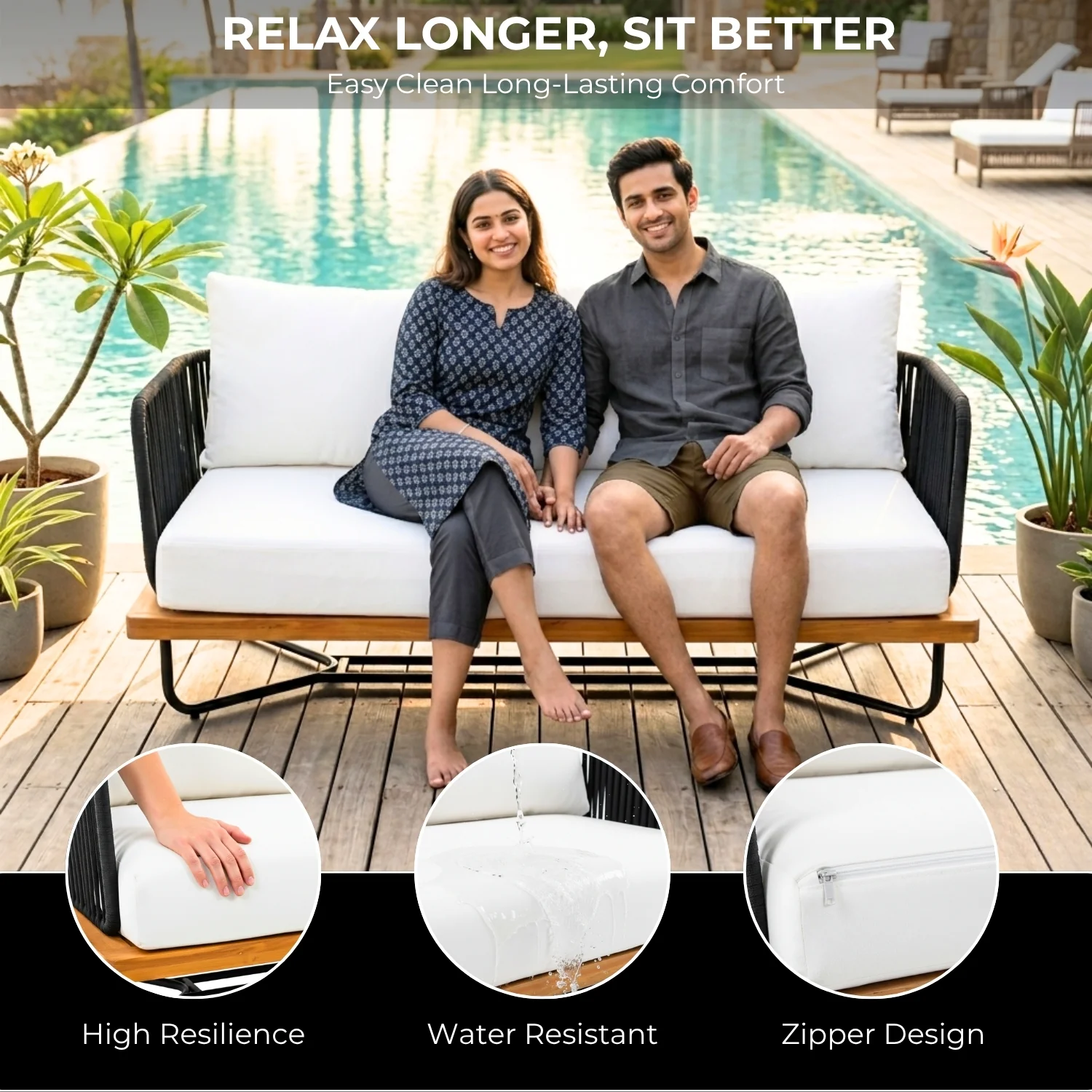 Outdoor Rope 2-Seater Sofa Set with Wooden Base & Slatted Wooden Coffee Table - Image 4