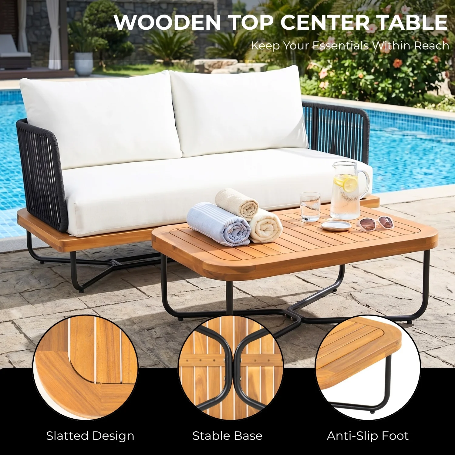 Outdoor Rope 2-Seater Sofa Set with Wooden Base & Slatted Wooden Coffee Table - Image 5