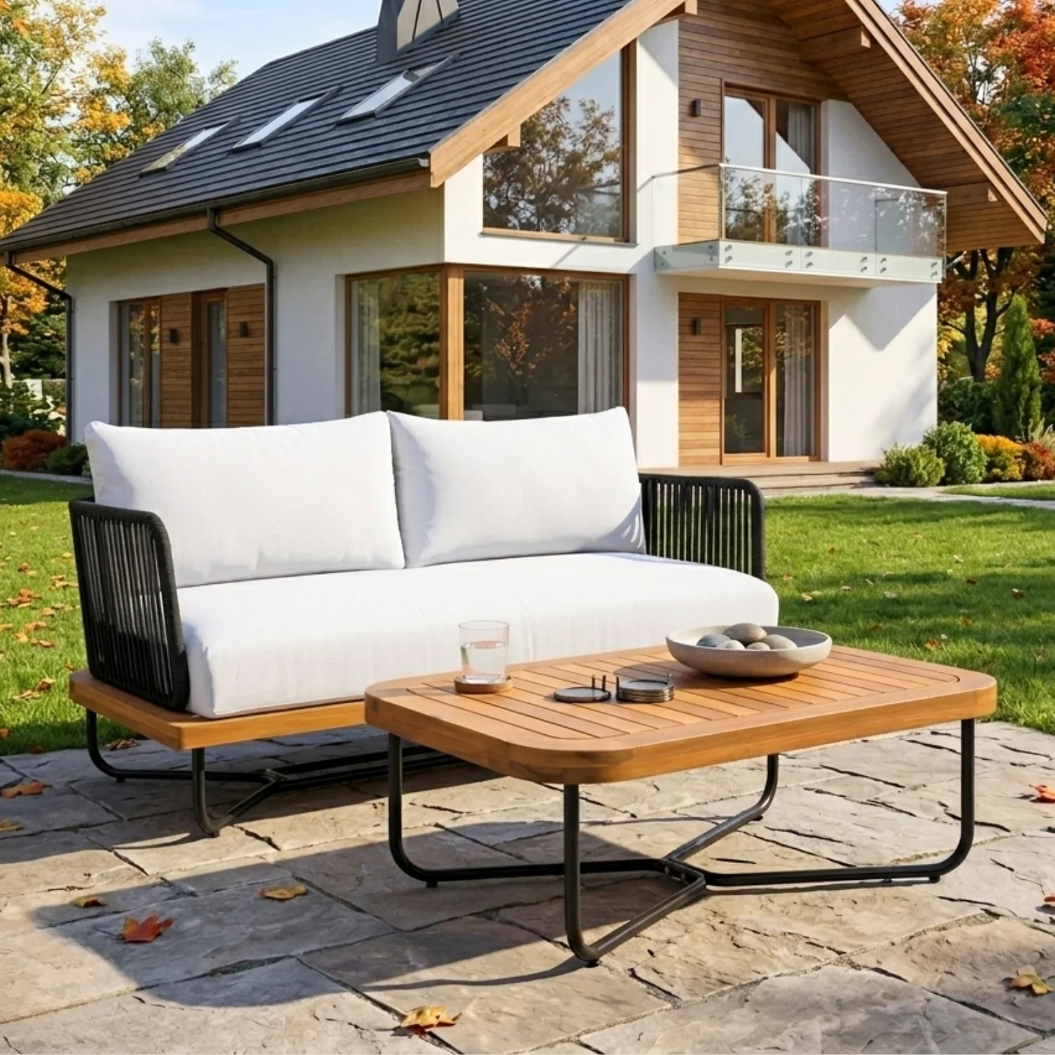 Outdoor Rope 2-Seater Sofa Set with Wooden Base & Slatted Wooden Coffee Table - Image 9