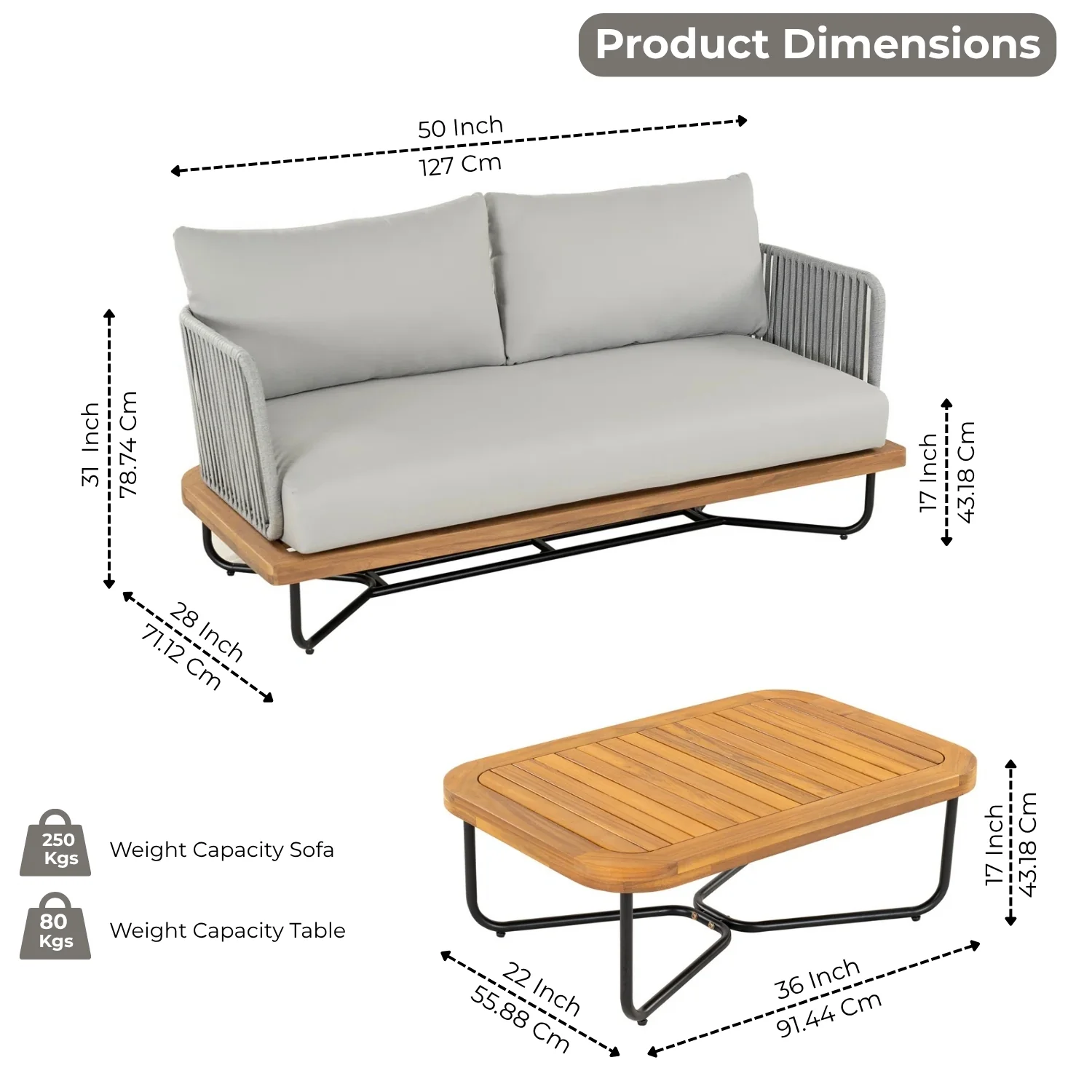 Outdoor Rope 2-Seater Sofa Set with Wooden Base & Slatted Wooden Coffee Table - Image 2