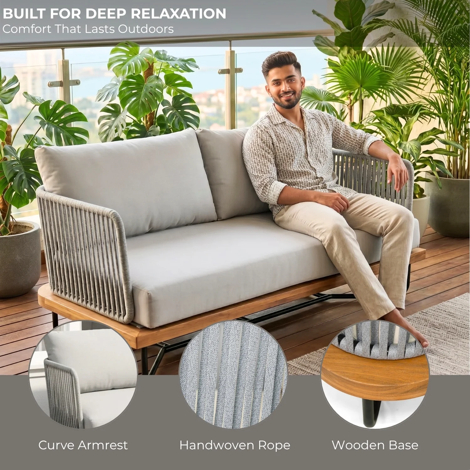 Outdoor Rope 2-Seater Sofa Set with Wooden Base & Slatted Wooden Coffee Table - Image 3