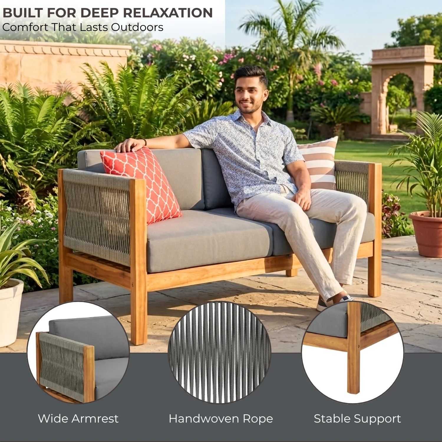 Outdoor Rope 2 Seater Sofa Set with Wooden Center Table - Image 3