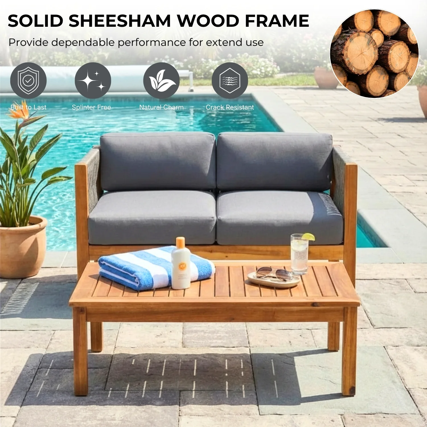 Outdoor Rope 2 Seater Sofa Set with Wooden Center Table - Image 6