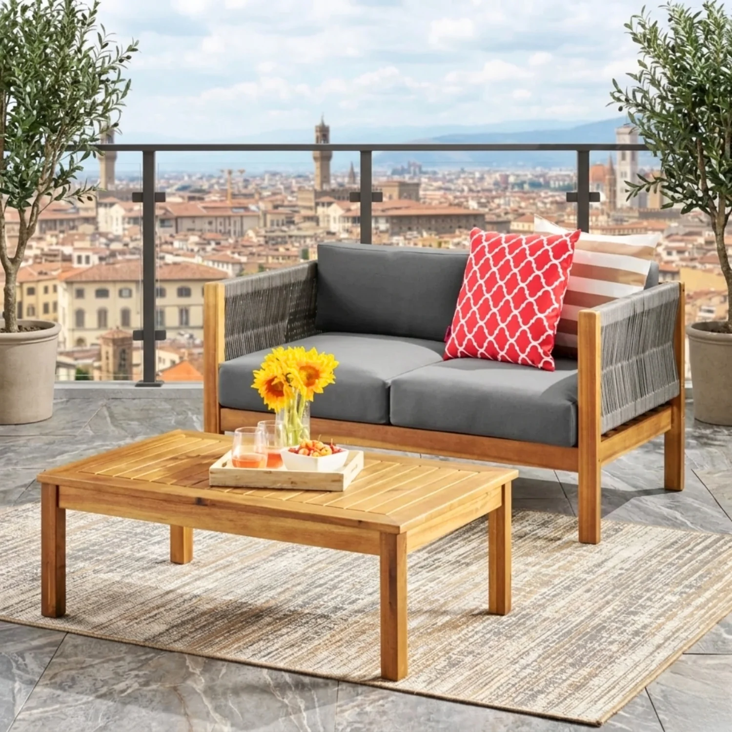 Outdoor Rope 2 Seater Sofa Set with Wooden Center Table - Image 9