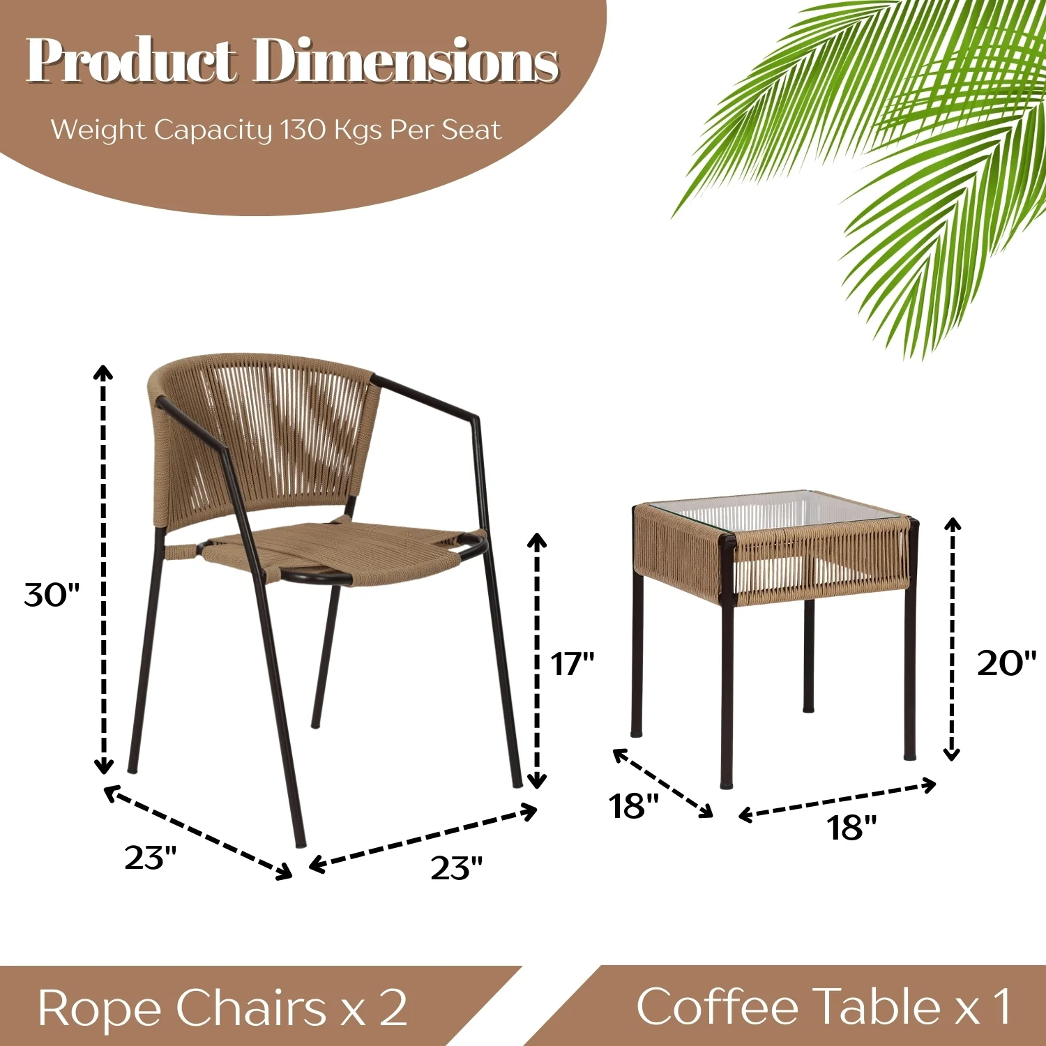 Outdoor Rope 3-Piece Patio Chairs Set (Beige) - Image 2