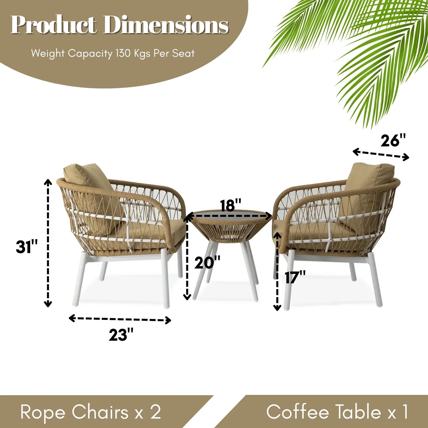 Outdoor Rope 3-Piece Patio Set (Beige & Dark Cream) - Image 2