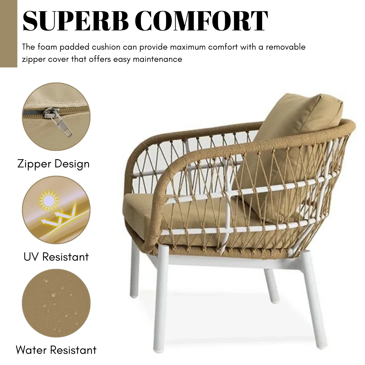 Outdoor Rope 3-Piece Patio Set (Beige & Dark Cream) - Image 6