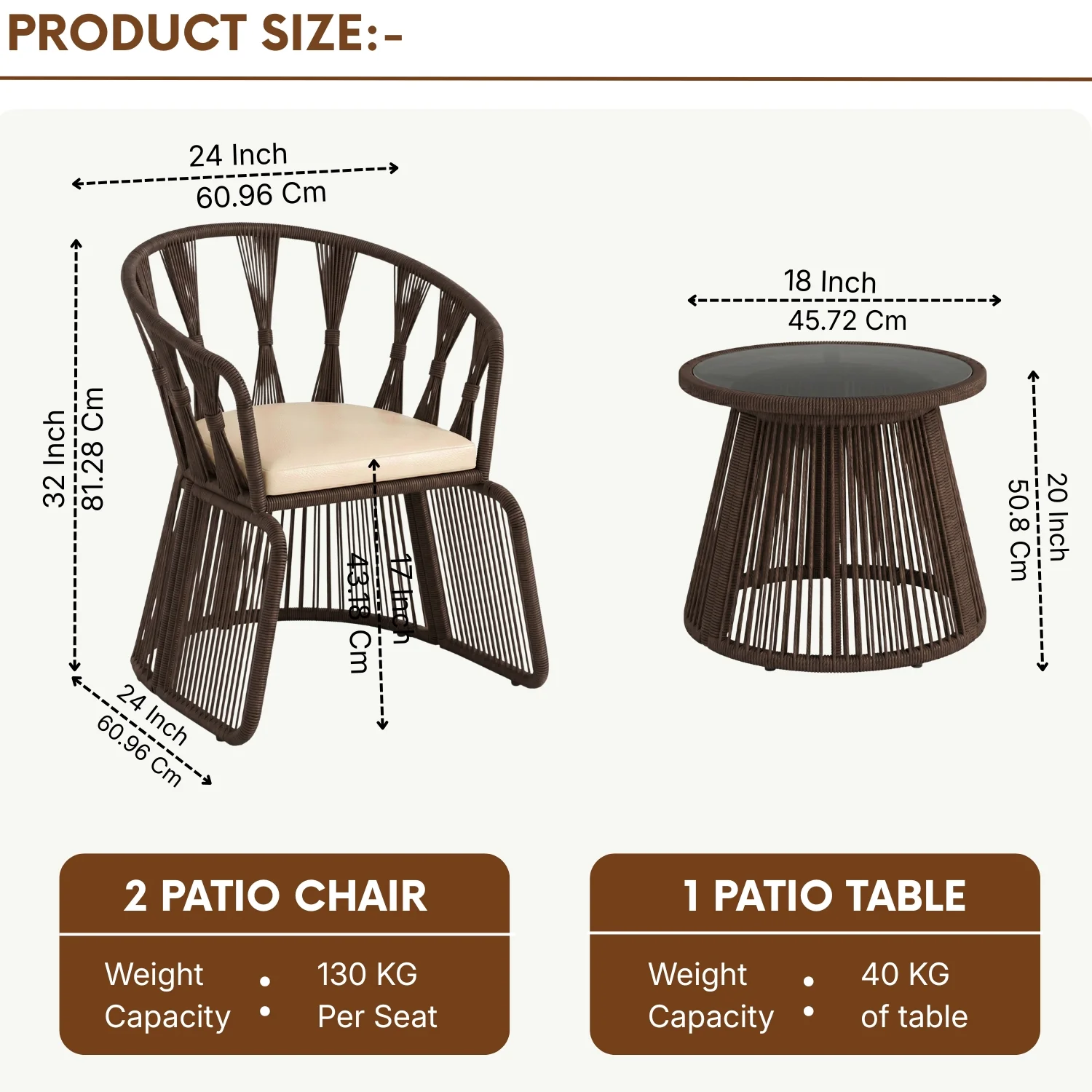 Outdoor Rope 3-Piece Patio Set (Brown & Cream) - Image 2