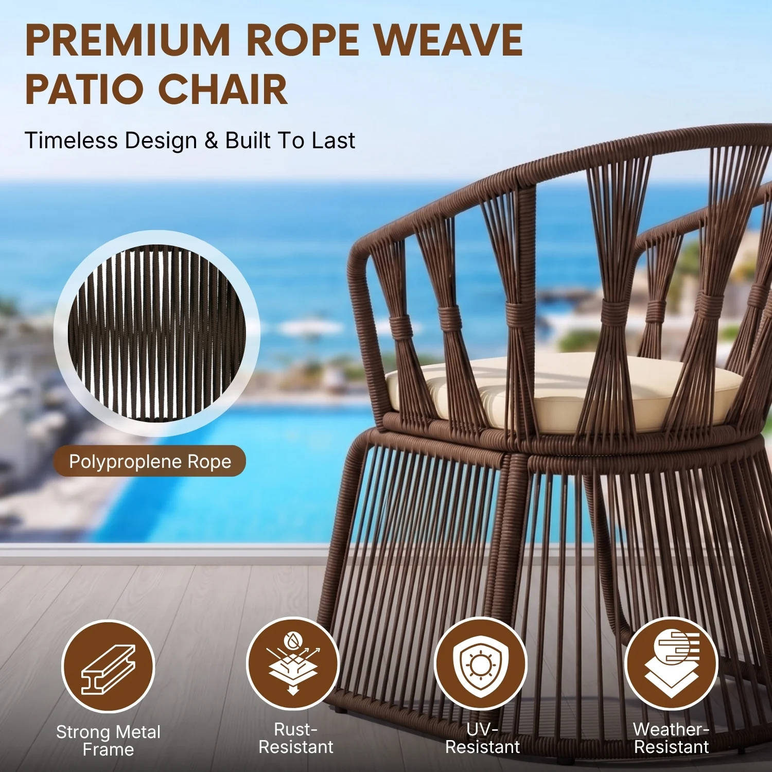Outdoor Rope 3-Piece Patio Set (Brown & Cream) - Image 4