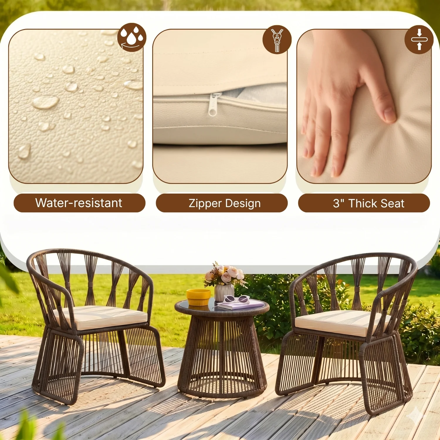 Outdoor Rope 3-Piece Patio Set (Brown & Cream) - Image 5