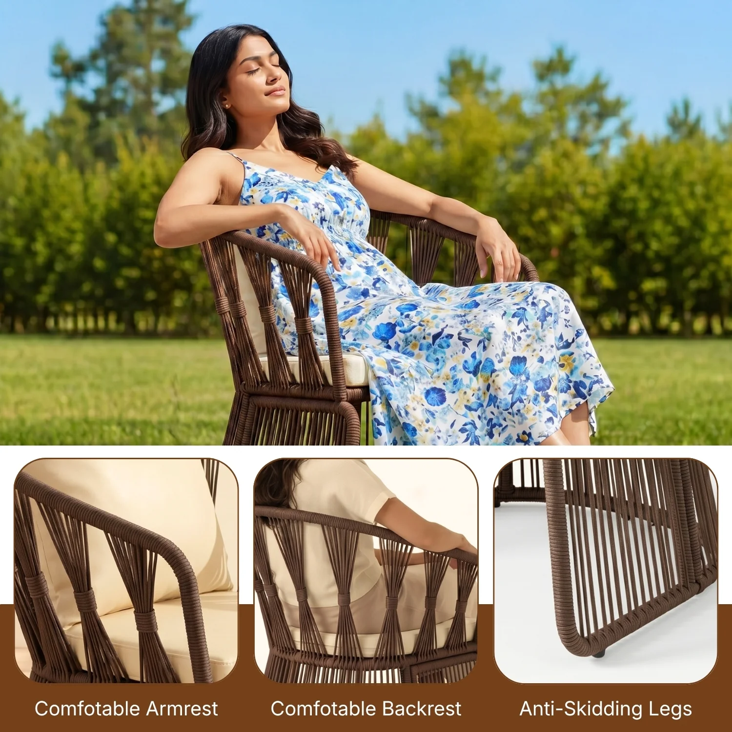 Outdoor Rope 3-Piece Patio Set (Brown & Cream) - Image 6
