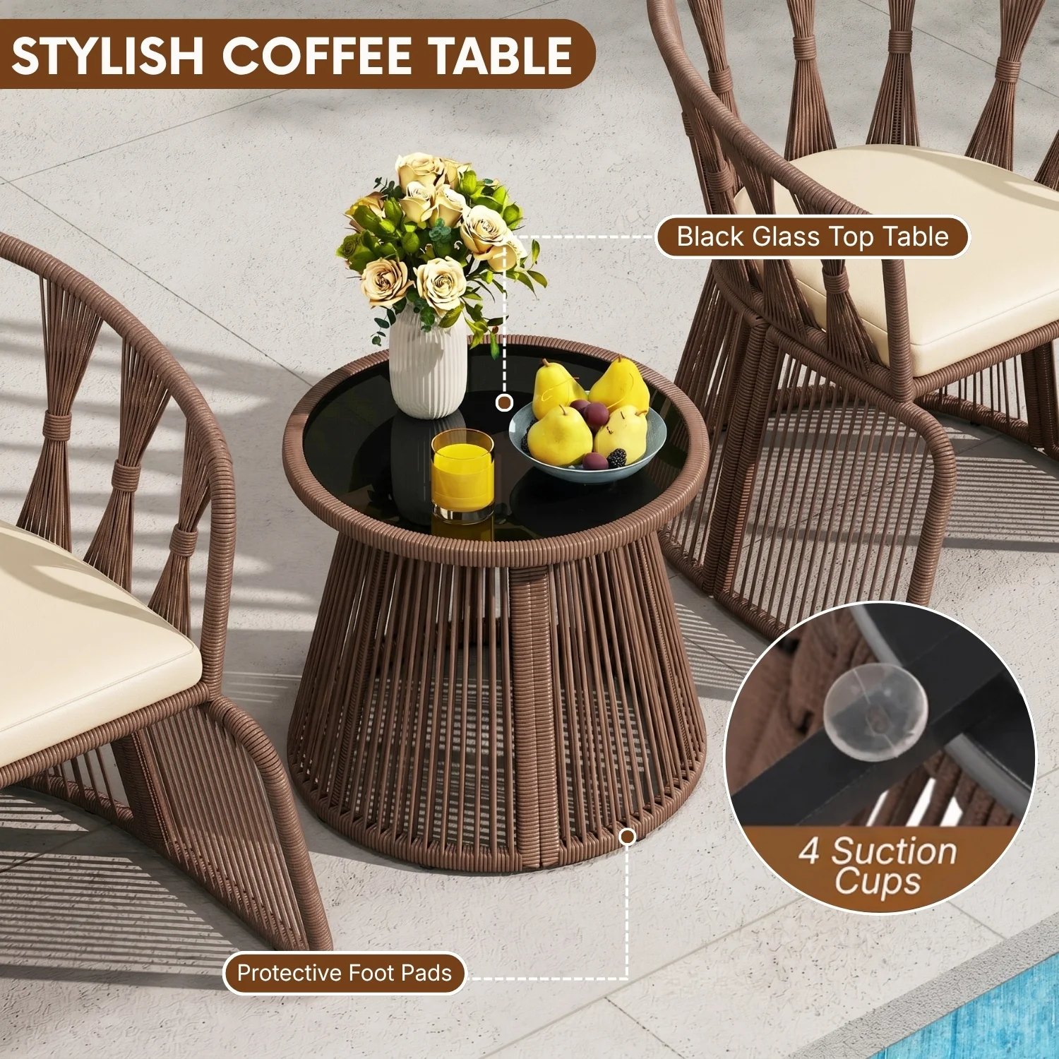 Outdoor Rope 3-Piece Patio Set (Brown & Cream) - Image 7