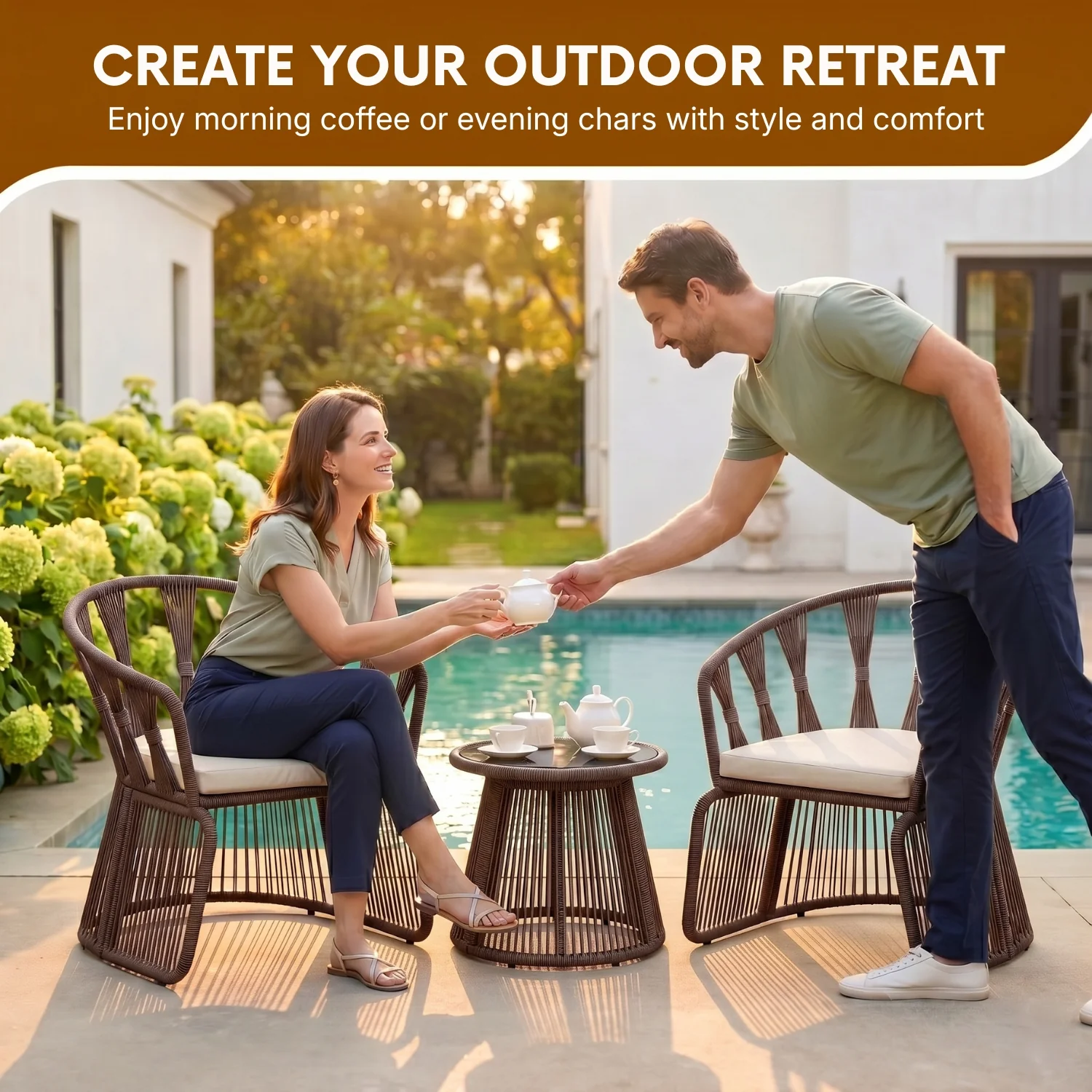 Outdoor Rope 3-Piece Patio Set (Brown & Cream) - Image 8