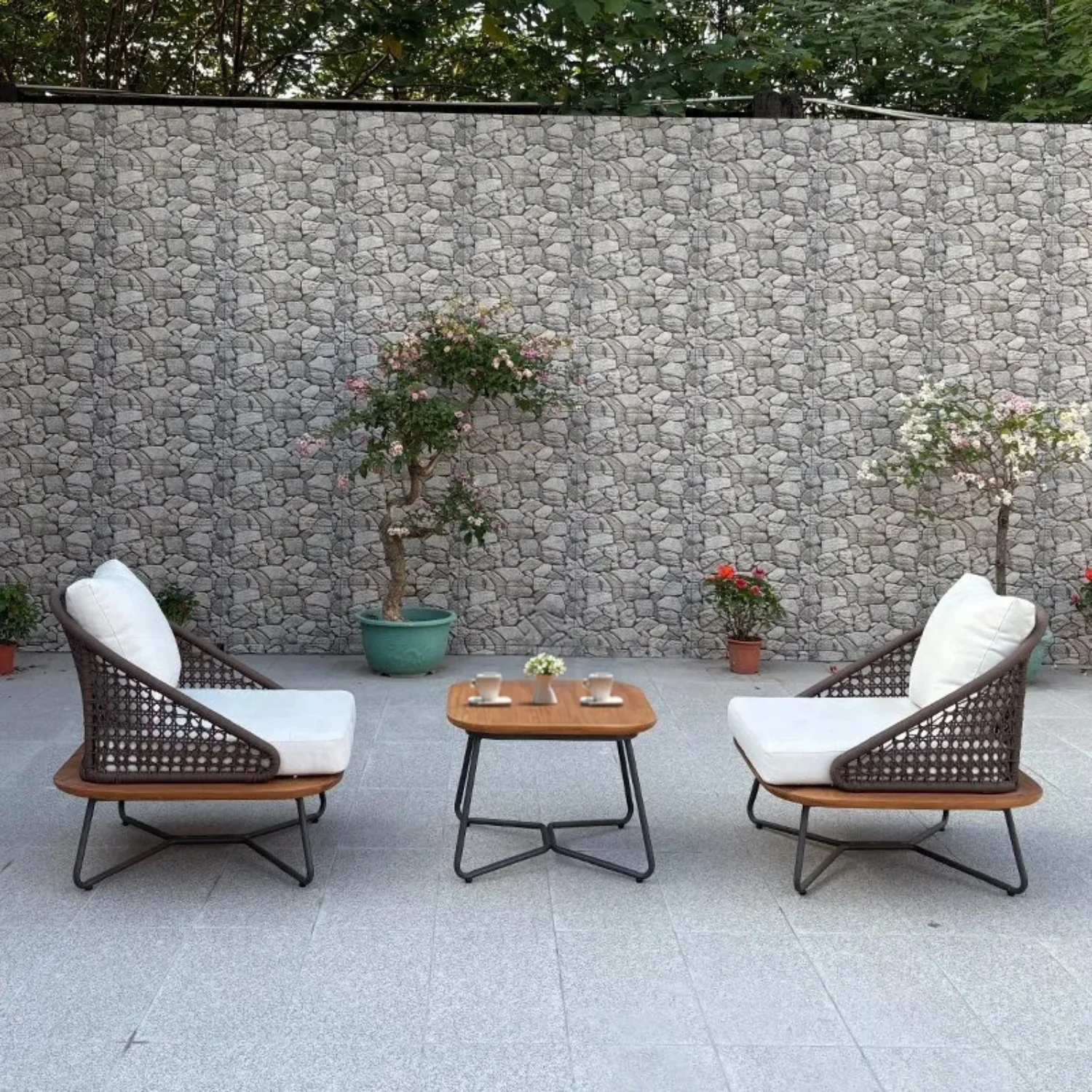 Outdoor Rope 3-Piece Patio Set With Wooden Top Table - Image 12