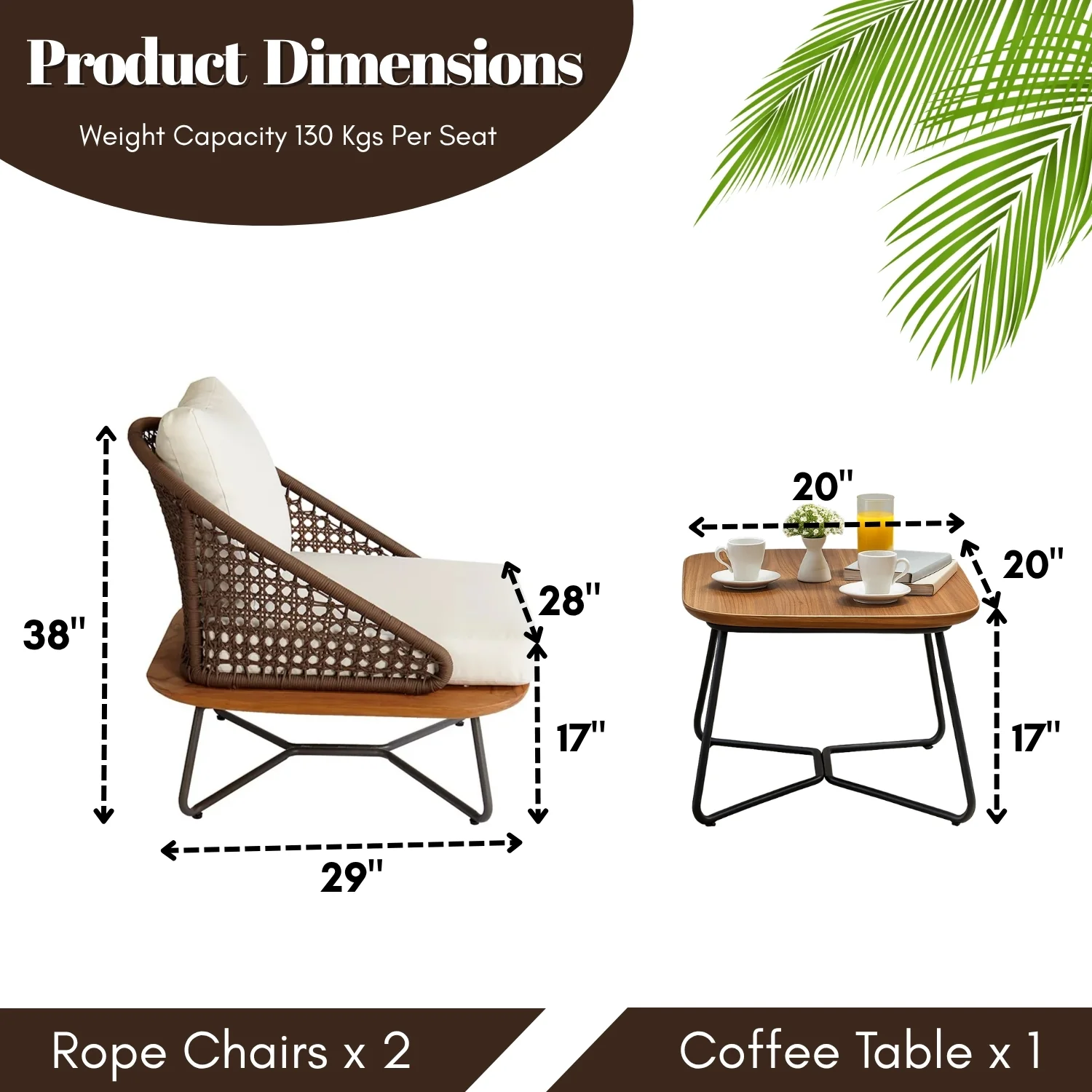 Outdoor Rope 3-Piece Patio Set With Wooden Top Table - Image 2