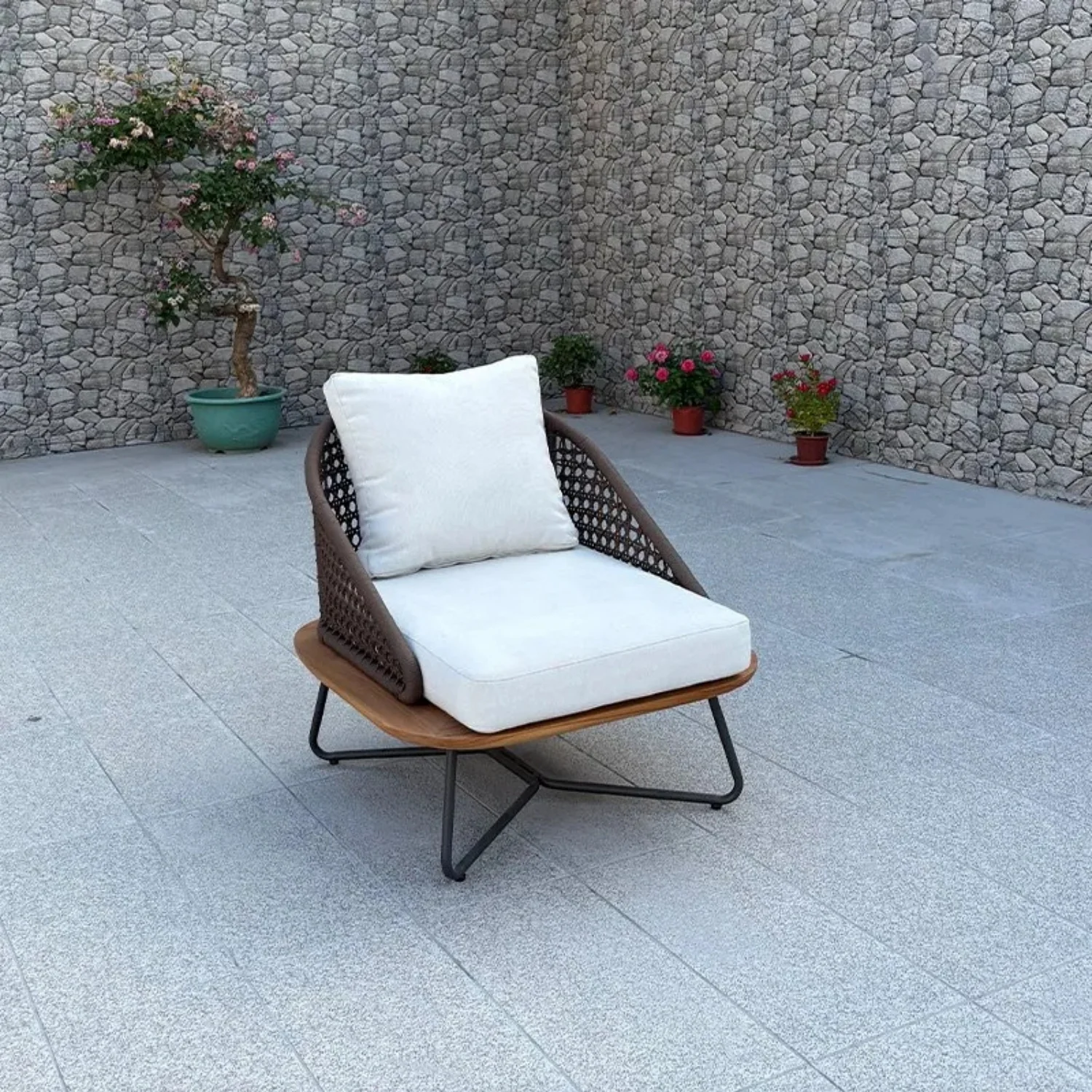 Outdoor Rope 3-Piece Patio Set With Wooden Top Table - Image 4
