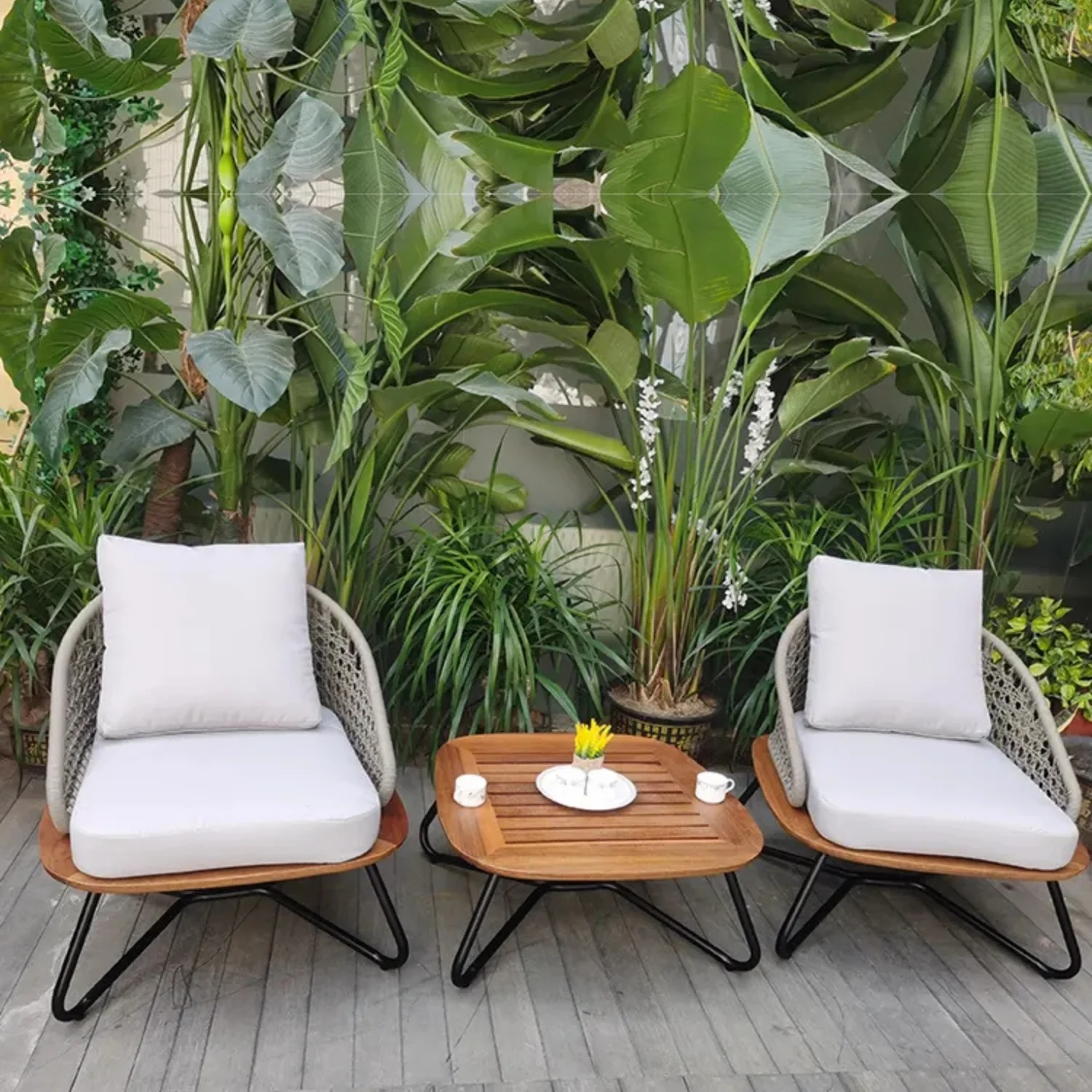 Outdoor Rope 3-Piece Patio Set With Wooden Top Table