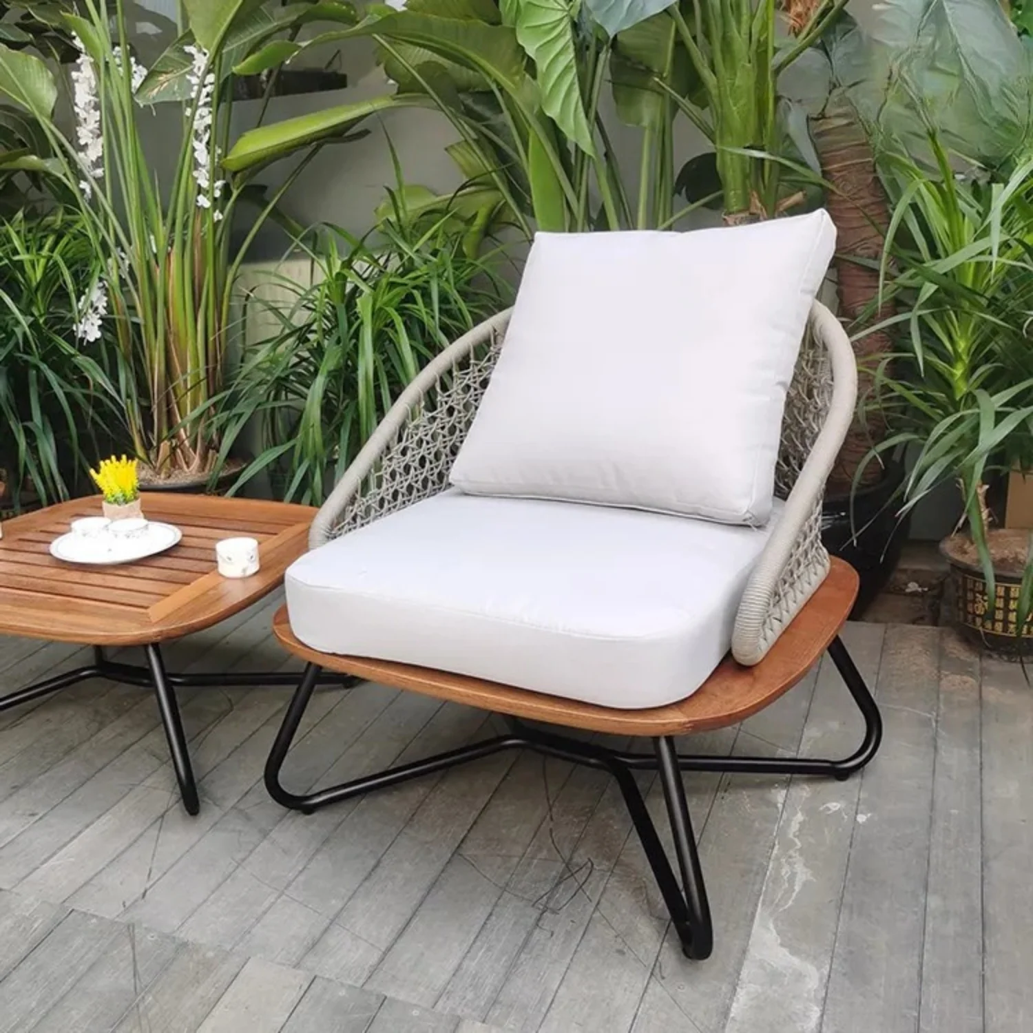 Outdoor Rope 3-Piece Patio Set With Wooden Top Table - Image 11