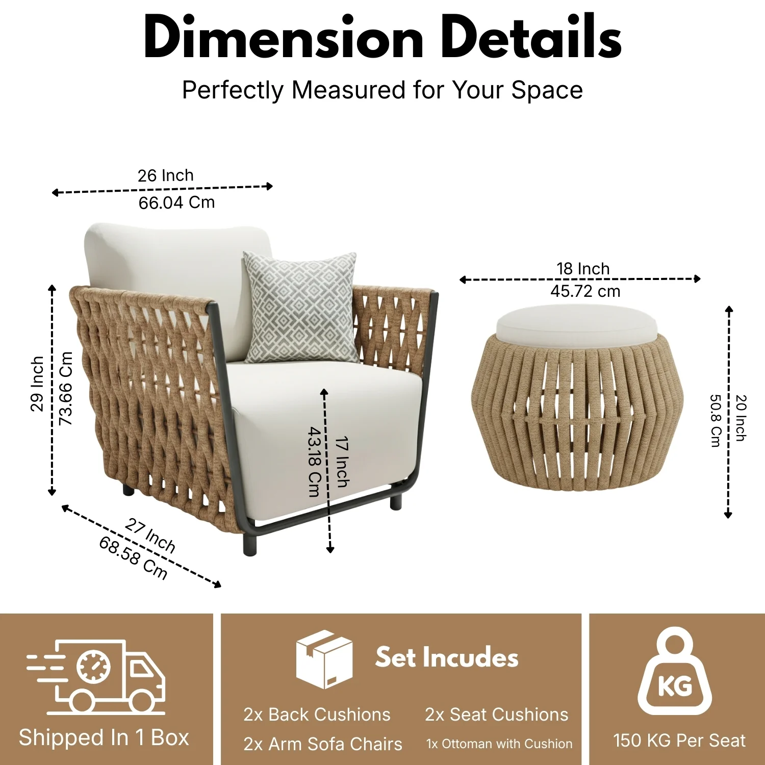 Outdoor Rope 3-Piece Patio Sofa Set (Beige & Off-White) - Image 2