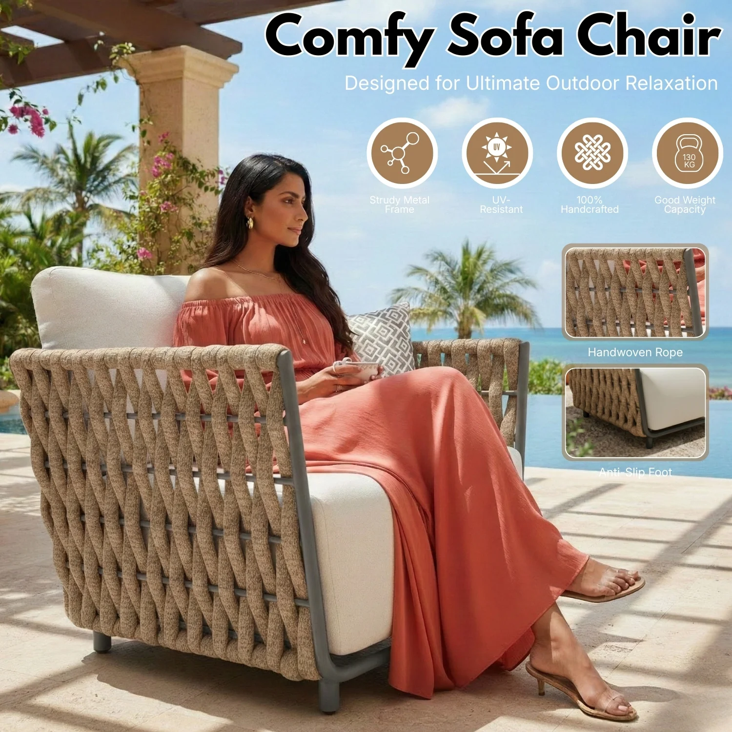 Outdoor Rope 3-Piece Patio Sofa Set (Beige & Off-White) - Image 4