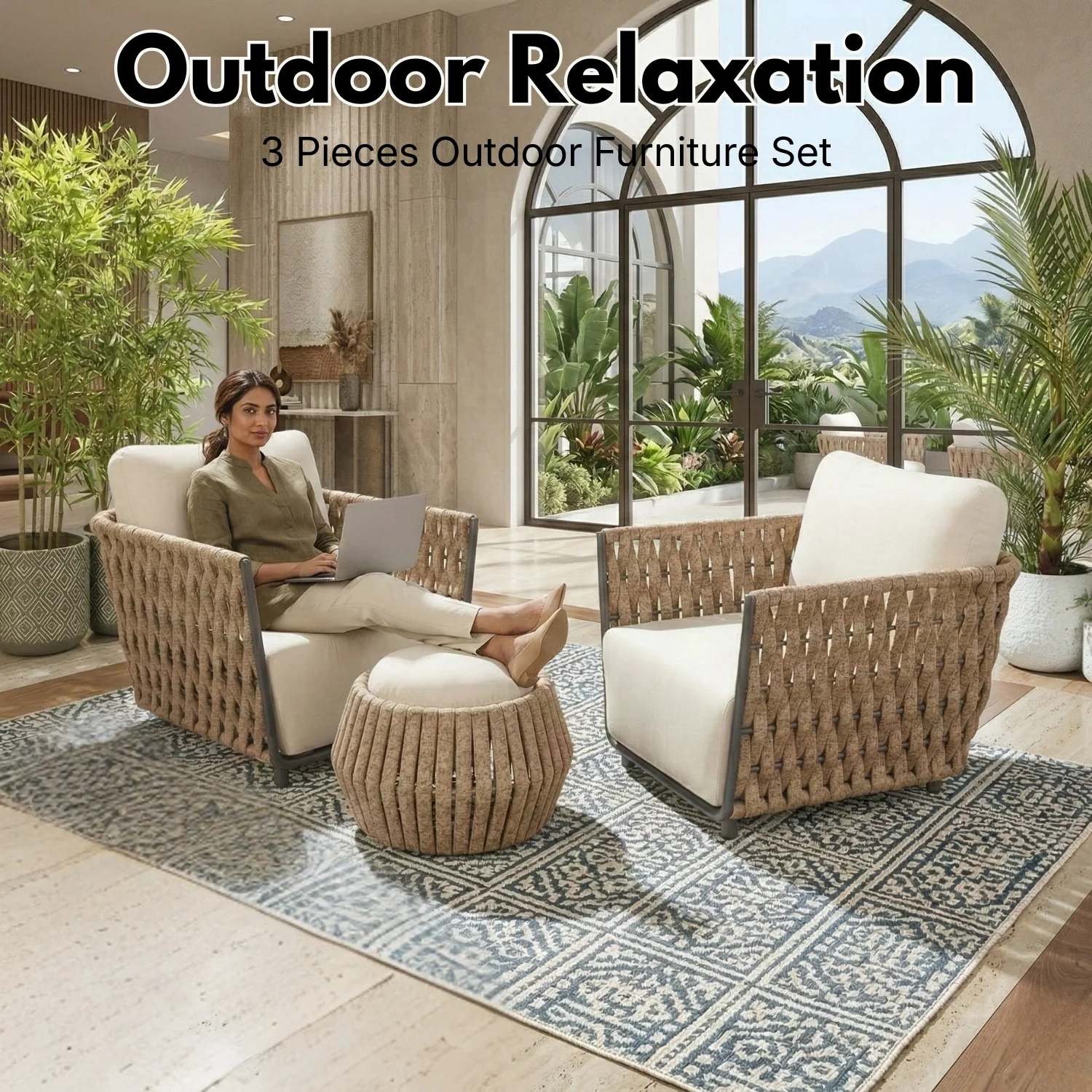 Outdoor Rope 3-Piece Patio Sofa Set (Beige & Off-White) - Image 7