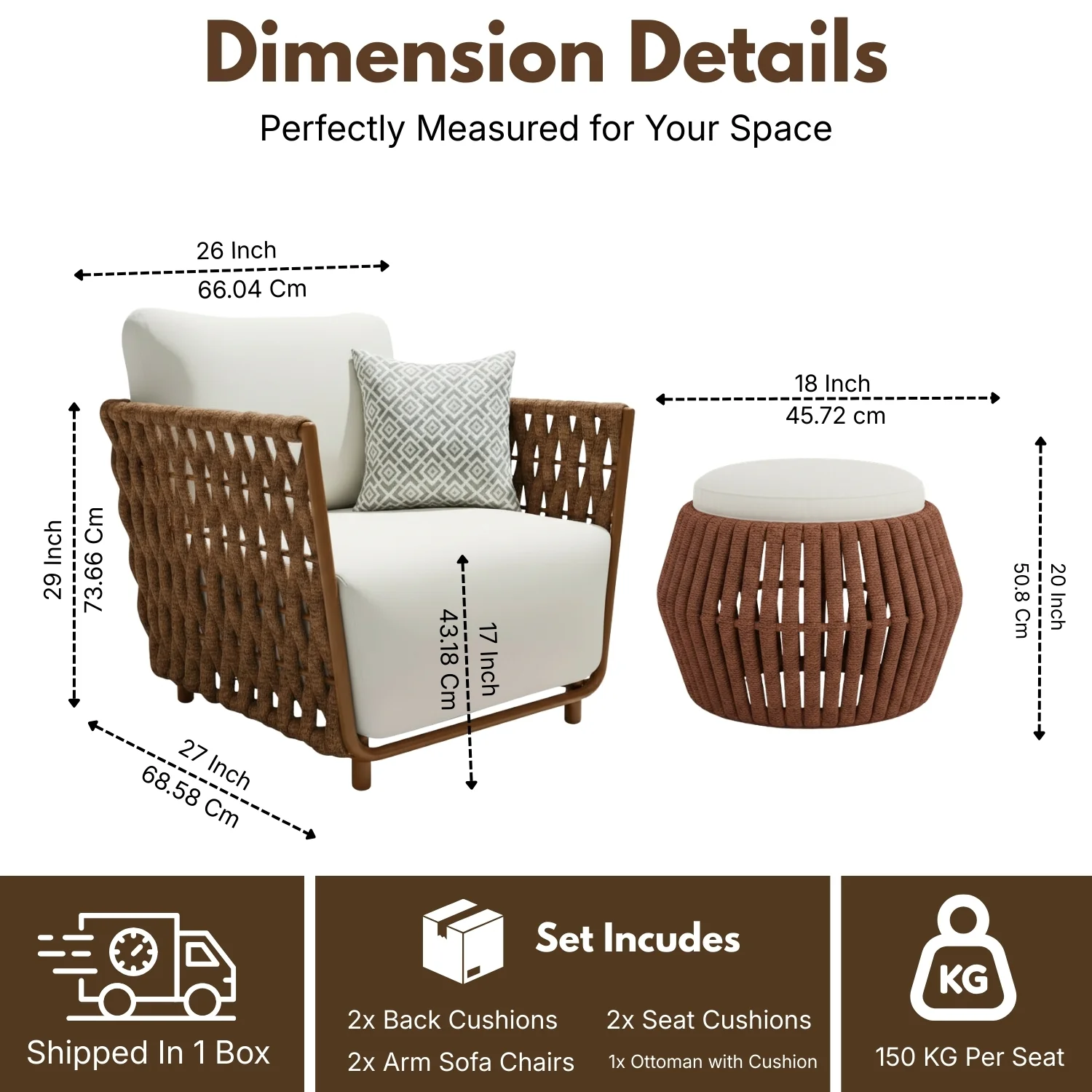 Outdoor Rope 3-Piece Patio Sofa Set (Brown & Off-White) - Image 2