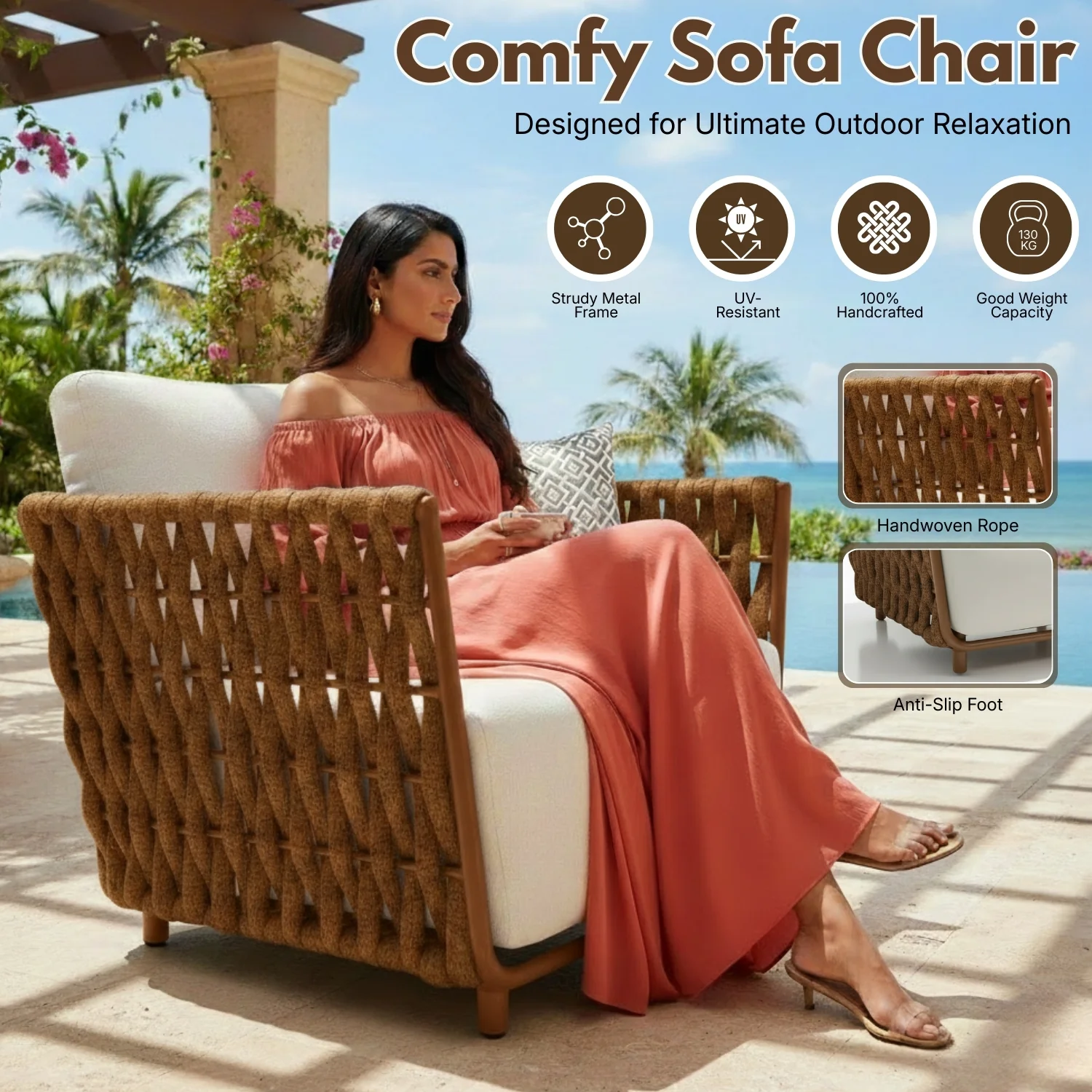 Outdoor Rope 3-Piece Patio Sofa Set (Brown & Off-White) - Image 4