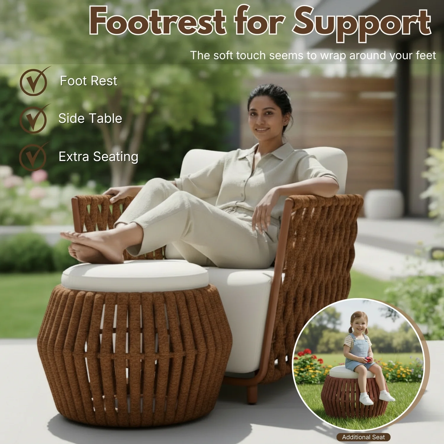 Outdoor Rope 3-Piece Patio Sofa Set (Brown & Off-White) - Image 6
