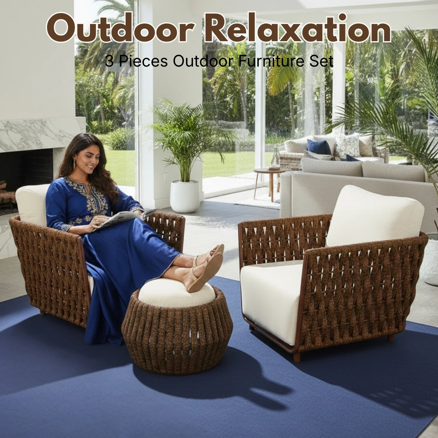 Outdoor Rope 3-Piece Patio Sofa Set (Brown & Off-White) - Image 7