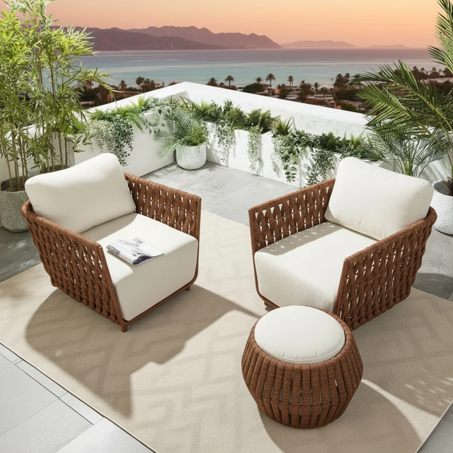 Outdoor Rope 3-Piece Patio Sofa Set (Brown & Off-White) - Image 8