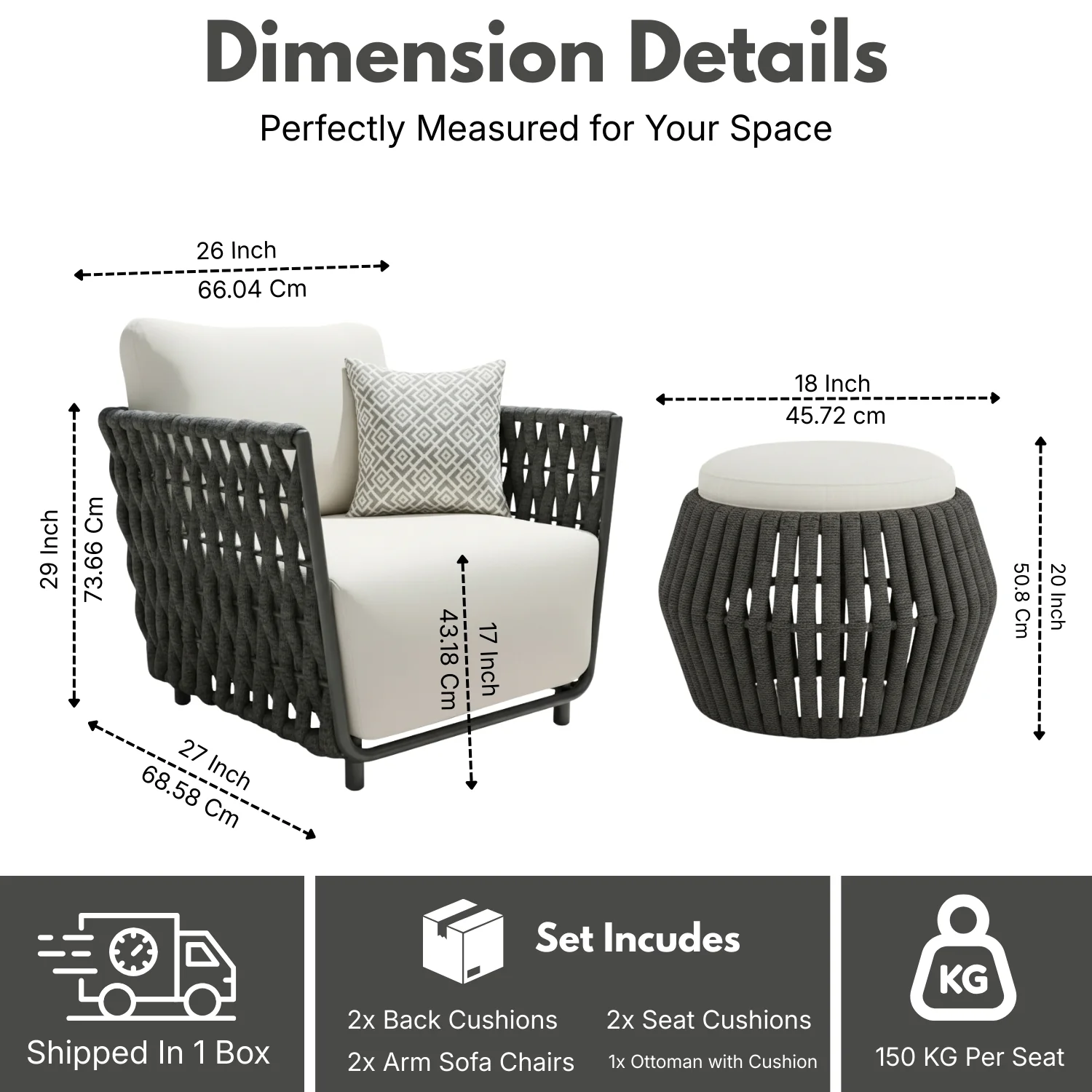Outdoor Rope 3-Piece Patio Sofa Set (Grey & Off-White) - Image 2