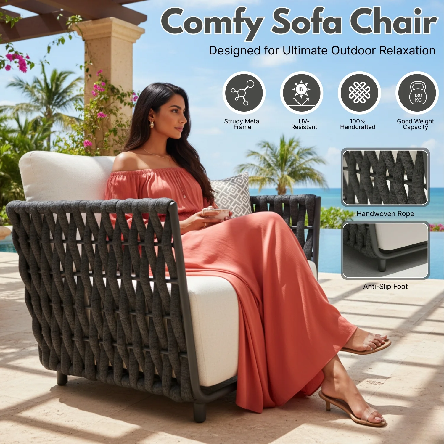 Outdoor Rope 3-Piece Patio Sofa Set (Grey & Off-White) - Image 4