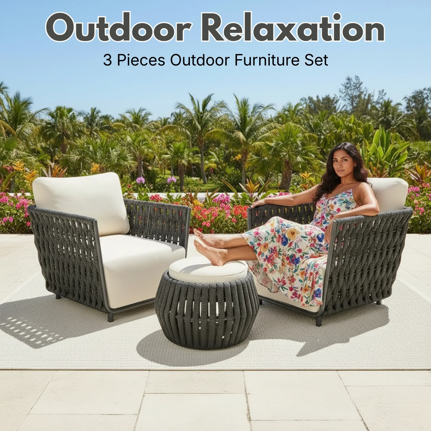 Outdoor Rope 3-Piece Patio Sofa Set (Grey & Off-White) - Image 7
