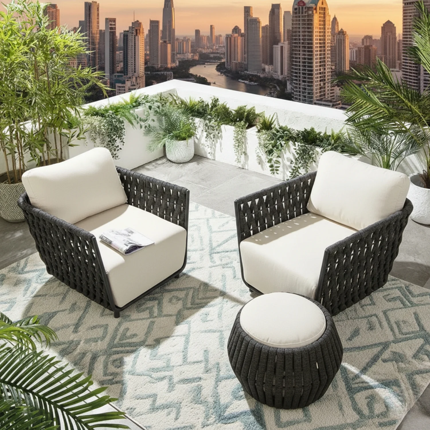 Outdoor Rope 3-Piece Patio Sofa Set (Grey & Off-White) - Image 8