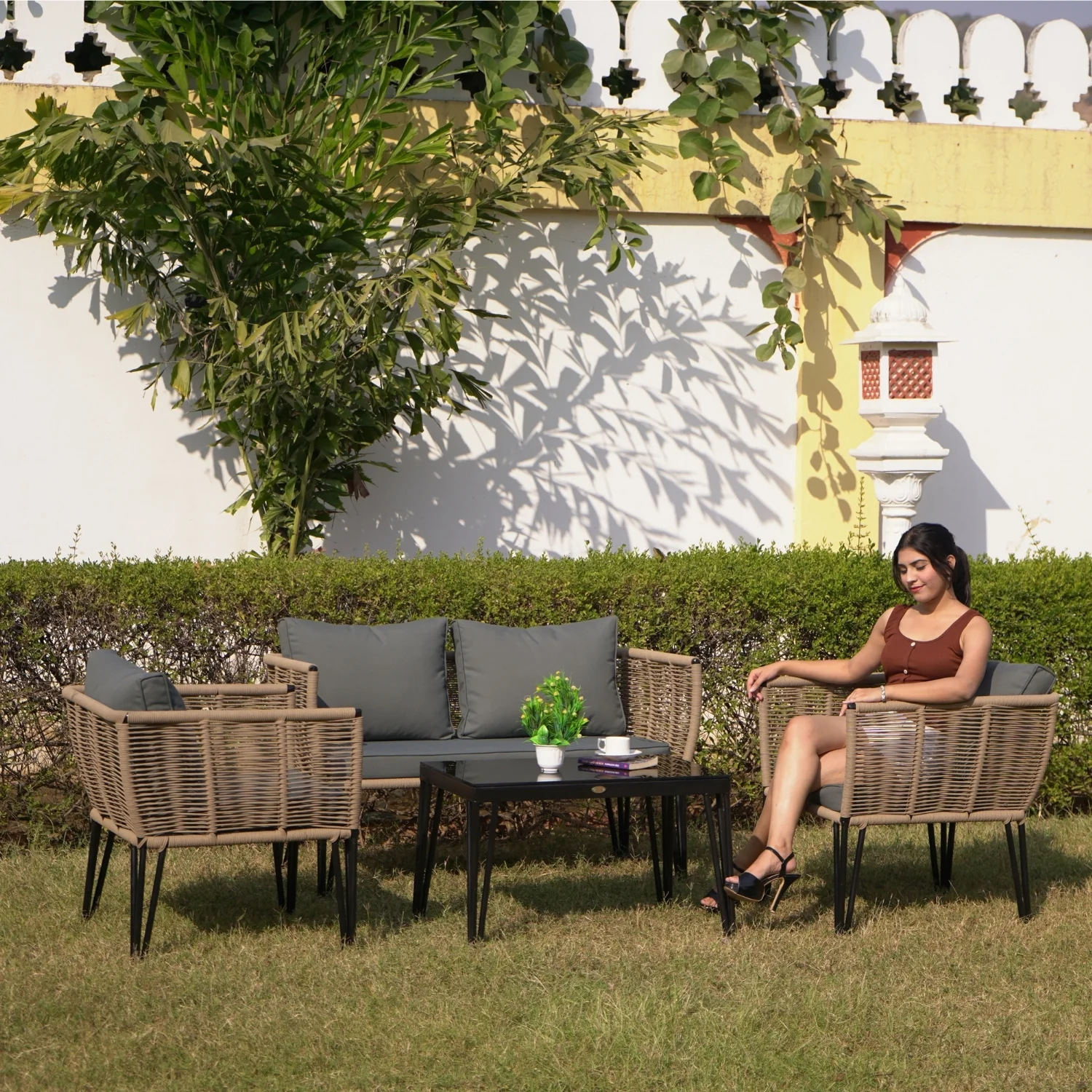Outdoor Rope 4-Piece Patio Sofa Set with Glass Top Table (Beige & Dark Grey) - Image 11