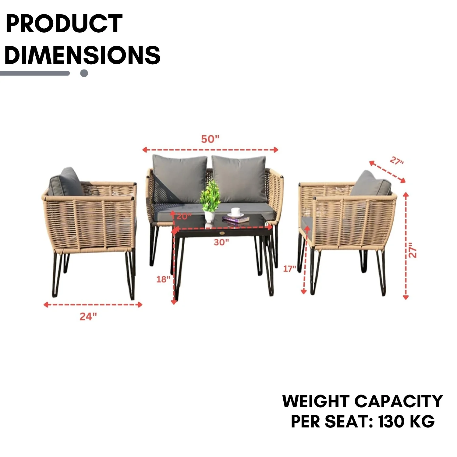 Outdoor Rope 4-Piece Patio Sofa Set with Glass Top Table (Beige & Dark Grey) - Image 2