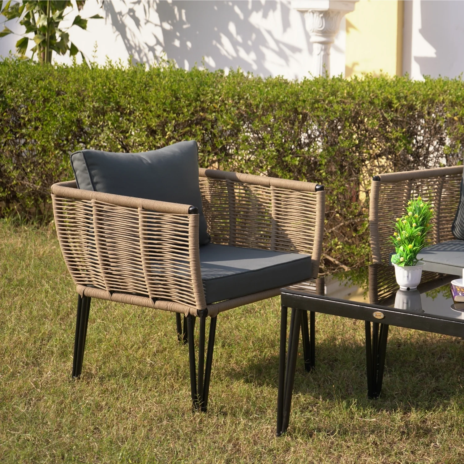 Outdoor Rope 4-Piece Patio Sofa Set with Glass Top Table (Beige & Dark Grey) - Image 4