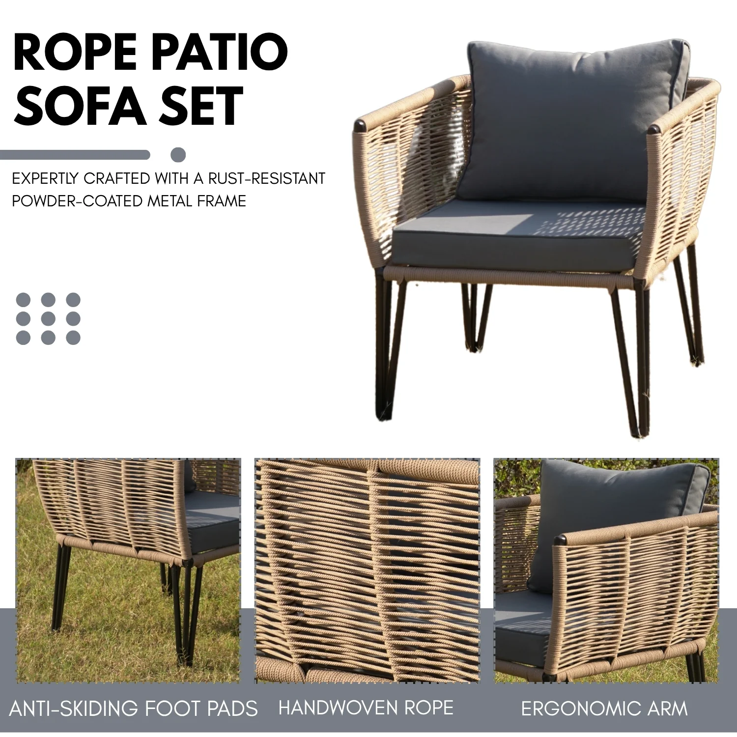 Outdoor Rope 4-Piece Patio Sofa Set with Glass Top Table (Beige & Dark Grey) - Image 5