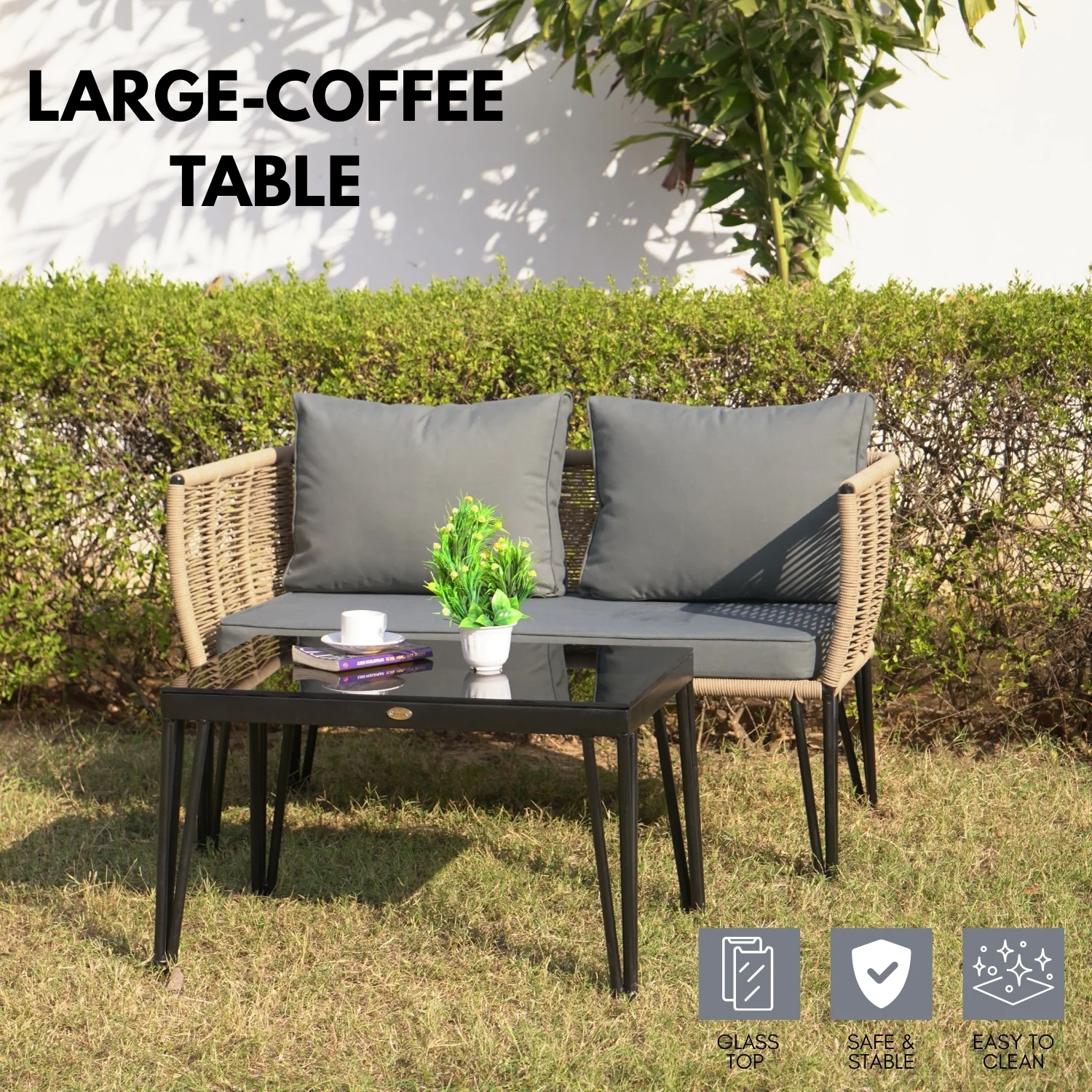 Outdoor Rope 4-Piece Patio Sofa Set with Glass Top Table (Beige & Dark Grey) - Image 7