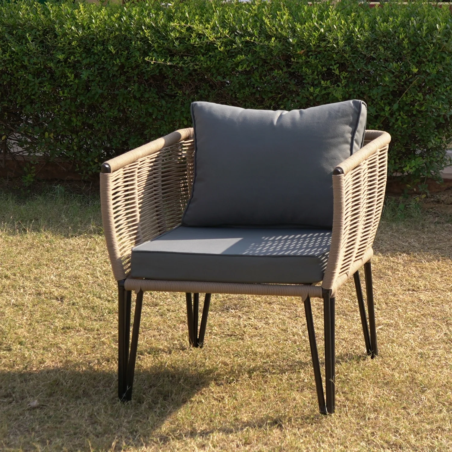 Outdoor Rope 4-Piece Patio Sofa Set with Glass Top Table (Beige & Dark Grey) - Image 8
