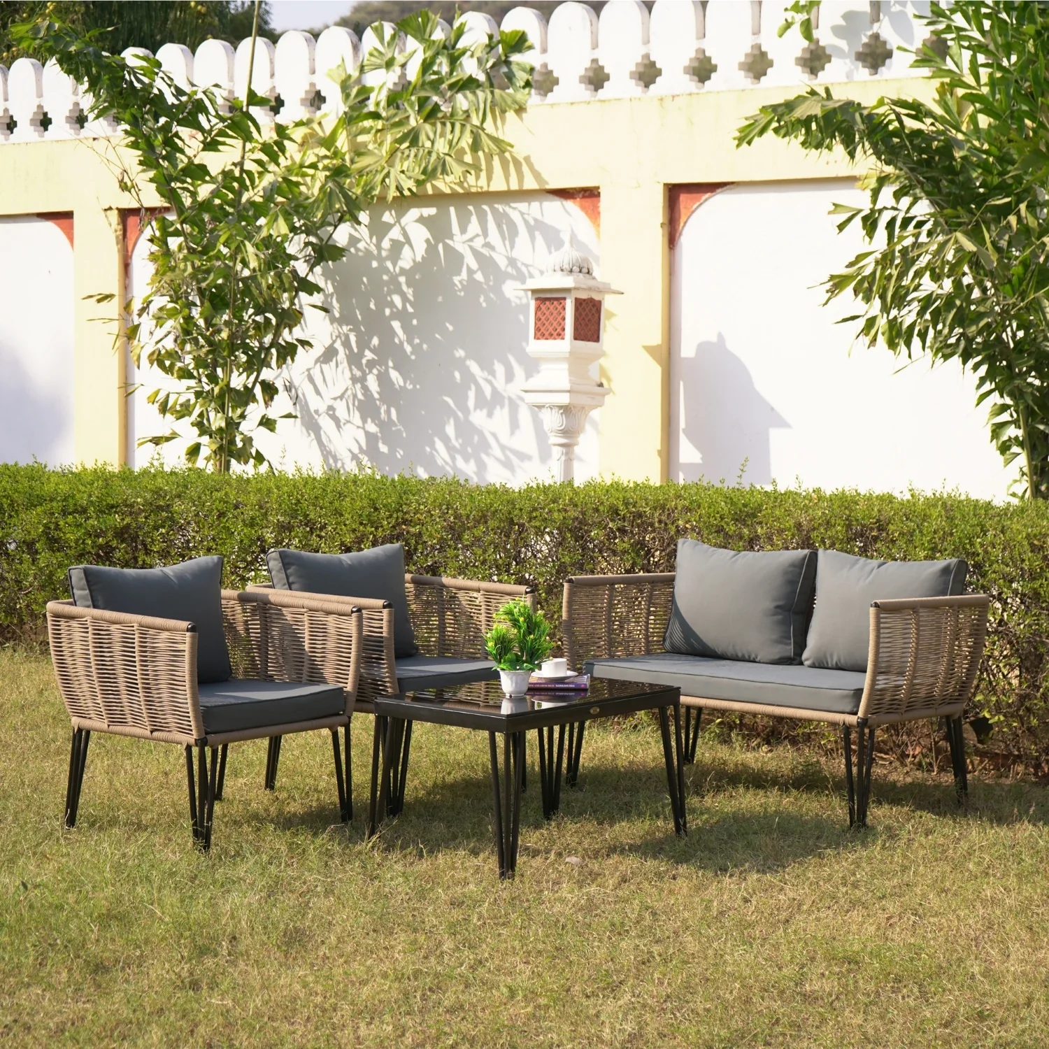 Outdoor Rope 4-Piece Patio Sofa Set with Glass Top Table (Beige & Dark Grey) - Image 9