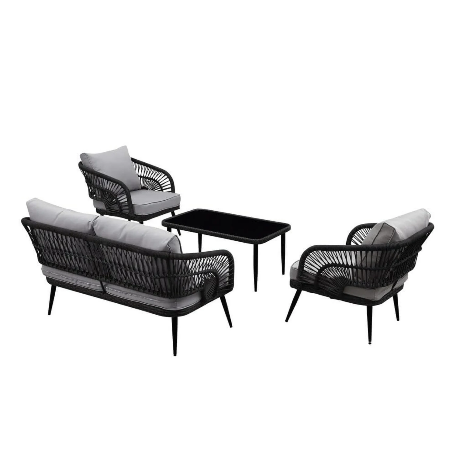 Outdoor Rope 4-Piece Patio Sofa Set with Glass Top Table (Black/Light Grey) - Image 13
