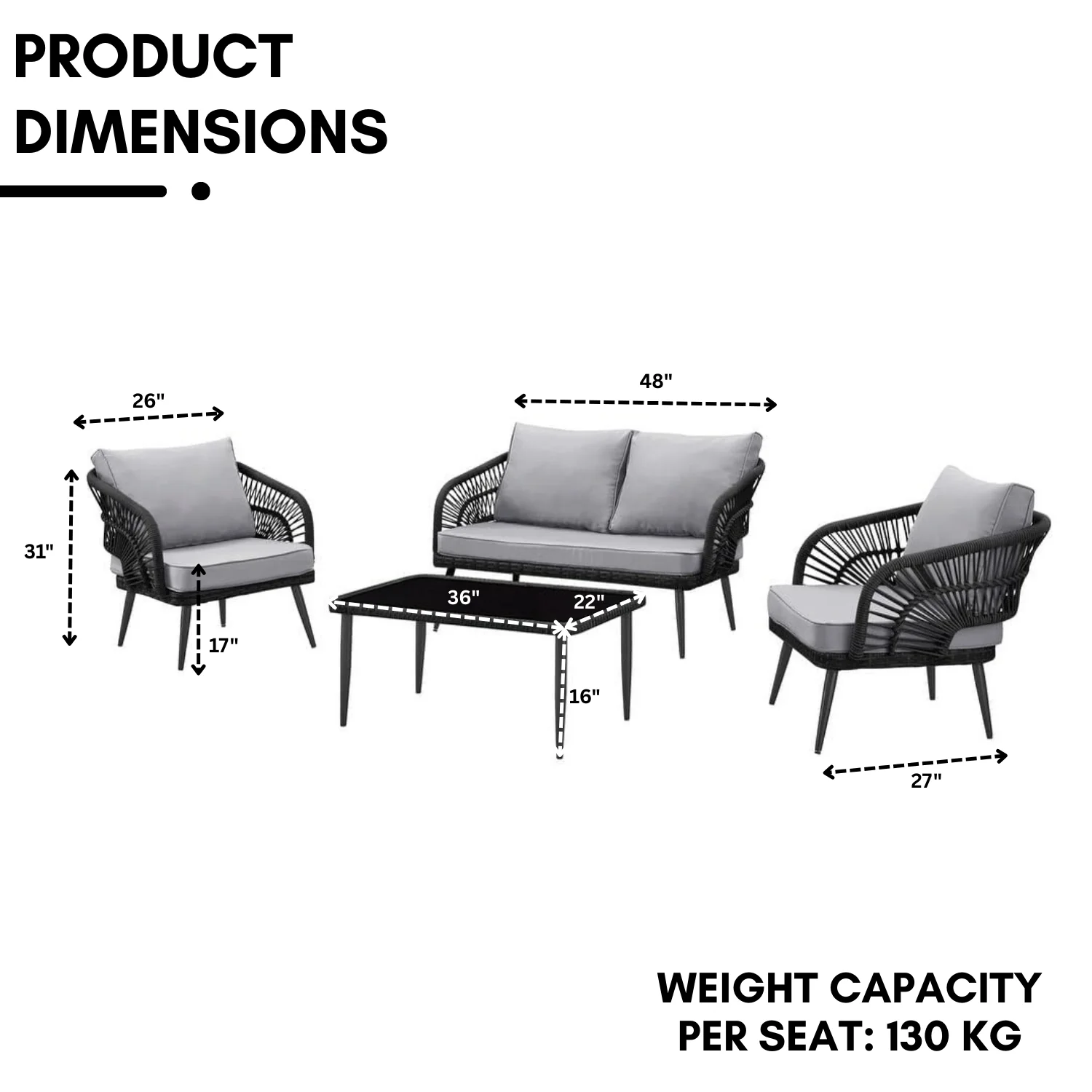 Outdoor Rope 4-Piece Patio Sofa Set with Glass Top Table (Black/Light Grey) - Image 2