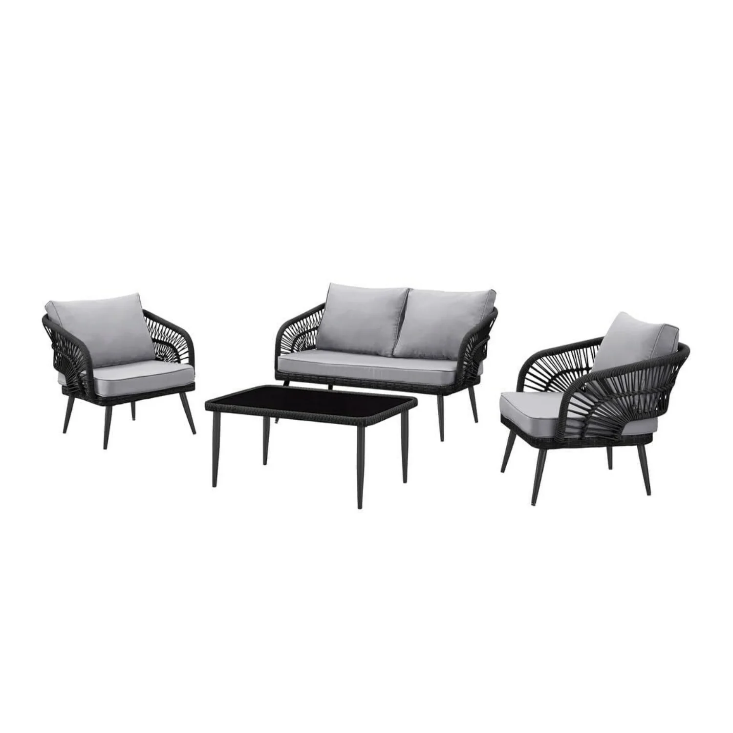 Outdoor Rope 4-Piece Patio Sofa Set with Glass Top Table (Black/Light Grey) - Image 5